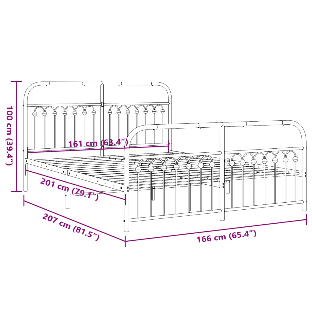 Metal Bed Frame with Headboard and Footboard Black 160x200 cm