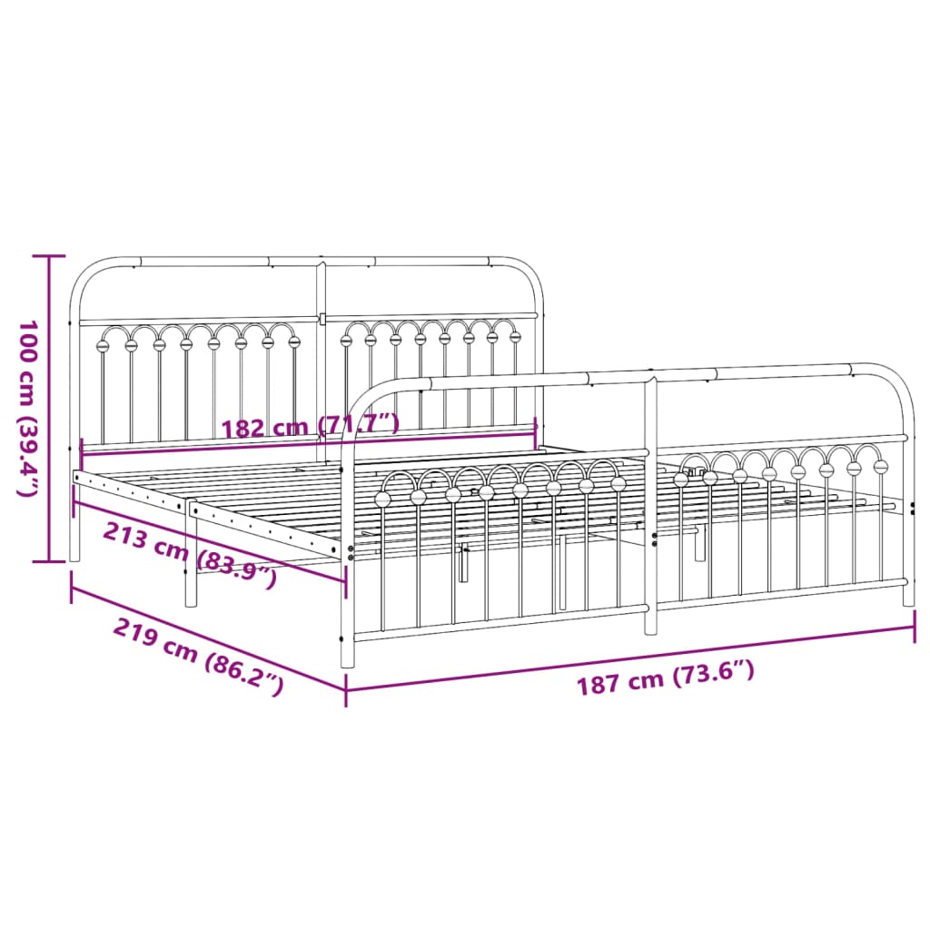 Metal Bed Frame with Headboard and Footboard Black 183x213 cm