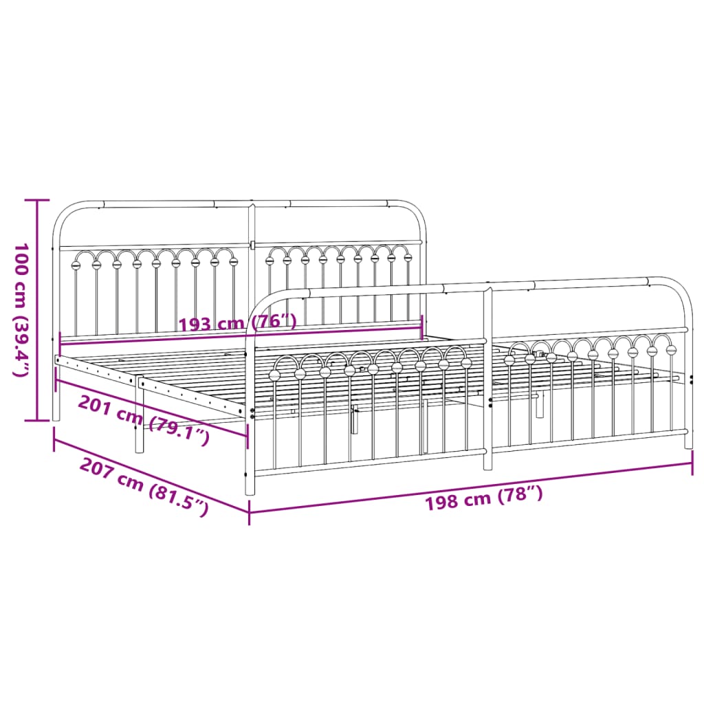 Metal Bed Frame with Headboard and Footboard Black 193x203 cm