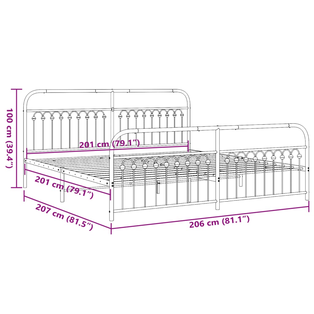 Metal Bed Frame with Headboard and Footboard Black 200x200 cm