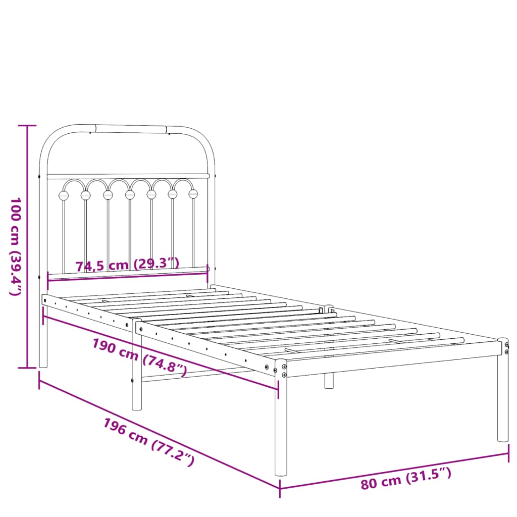 Metal Bed Frame with Headboard White 75x190 cm Small Single