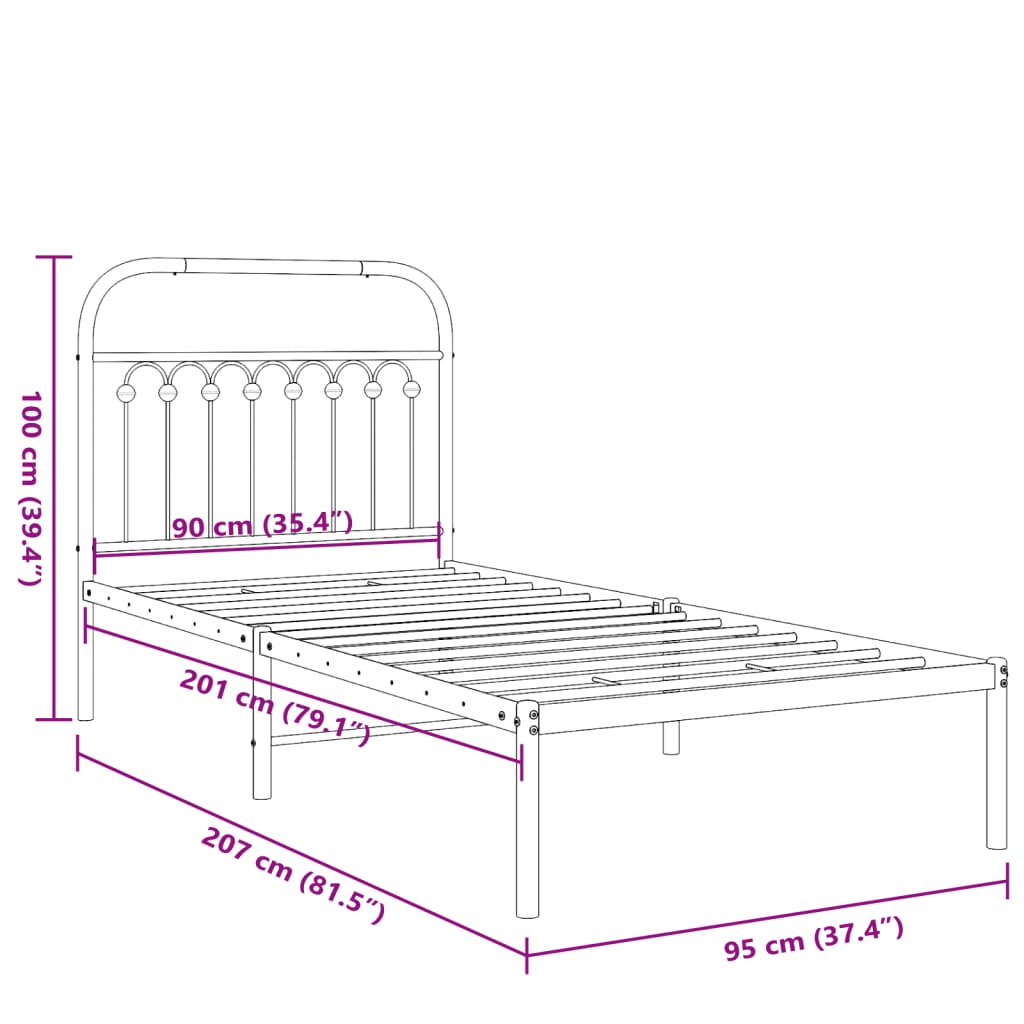 Metal Bed Frame with Headboard White 90x200 cm