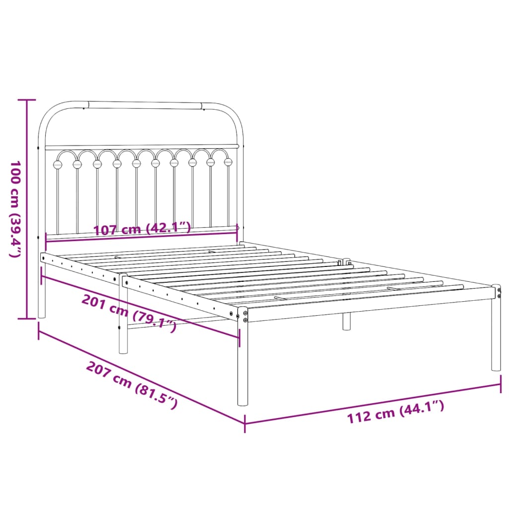 Metal Bed Frame with Headboard White 107x203 cm