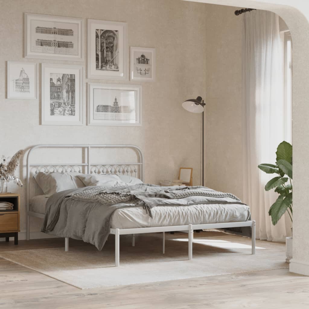 Metal Bed Frame with Headboard White 135x190 cm Double