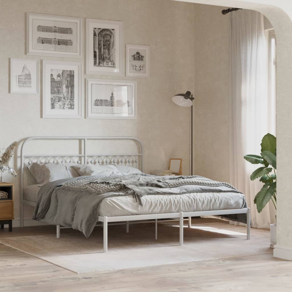 Metal Bed Frame with Headboard White 160x200 cm