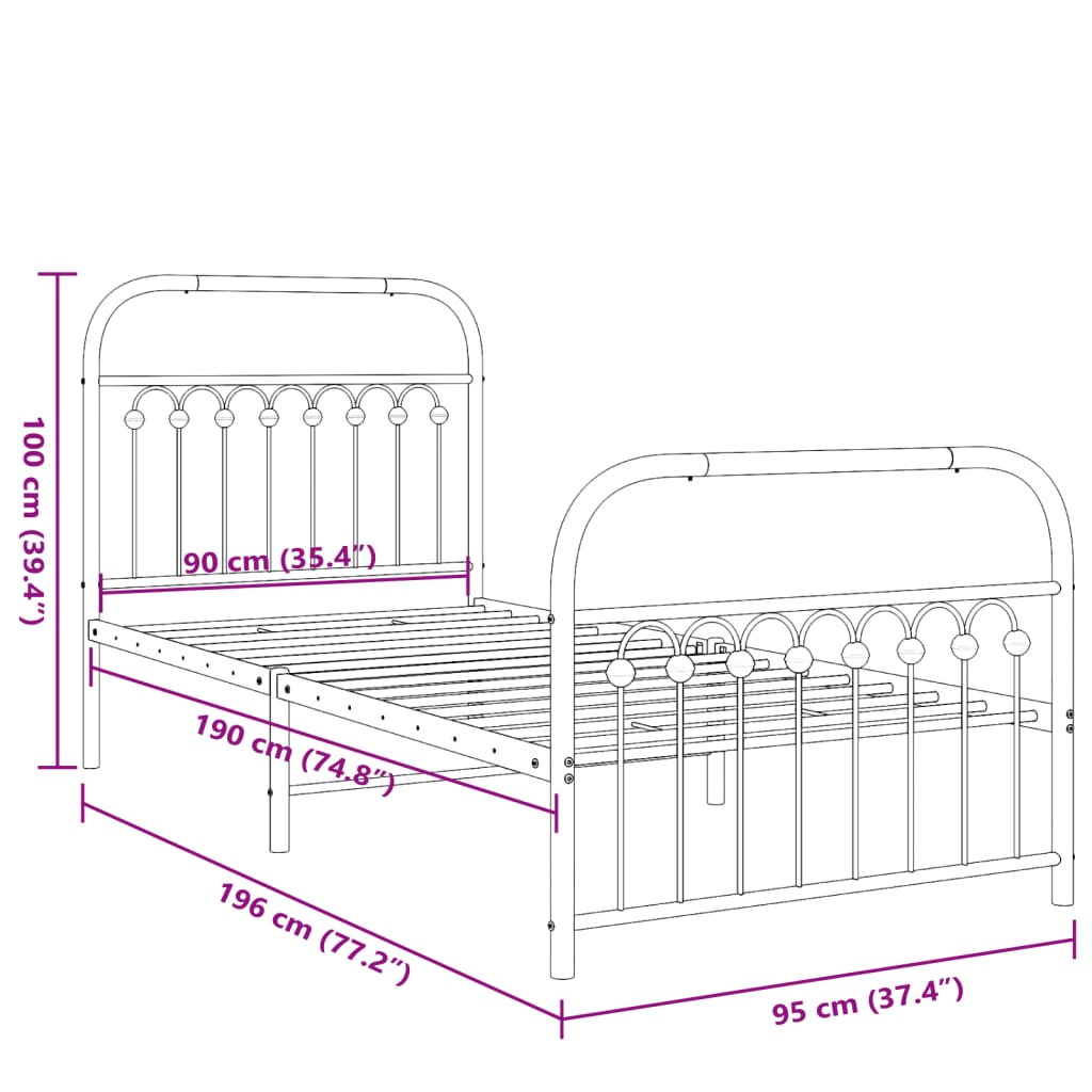 Metal Bed Frame with Headboard and Footboard White 90x190 cm Single