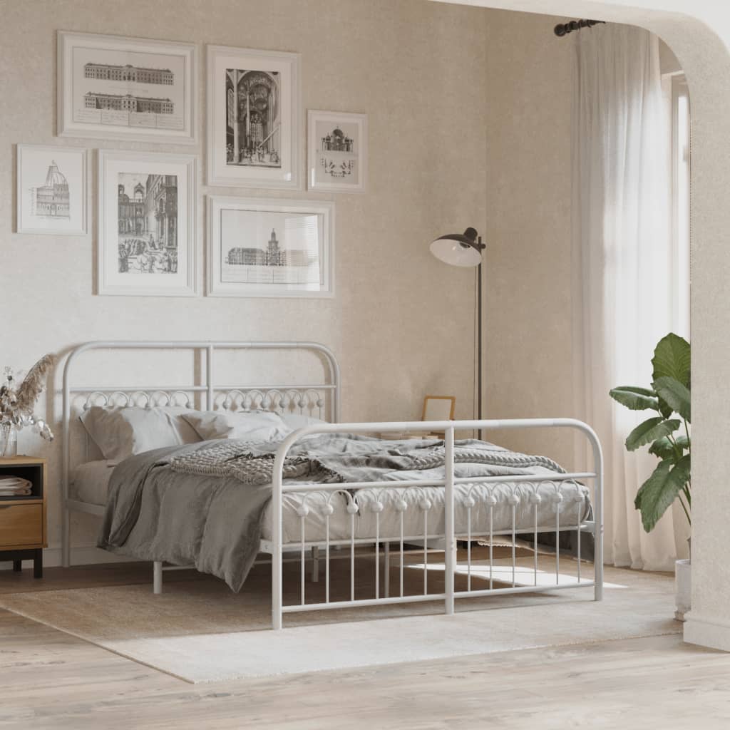 Metal Bed Frame with Headboard and Footboard White 137x190 cm