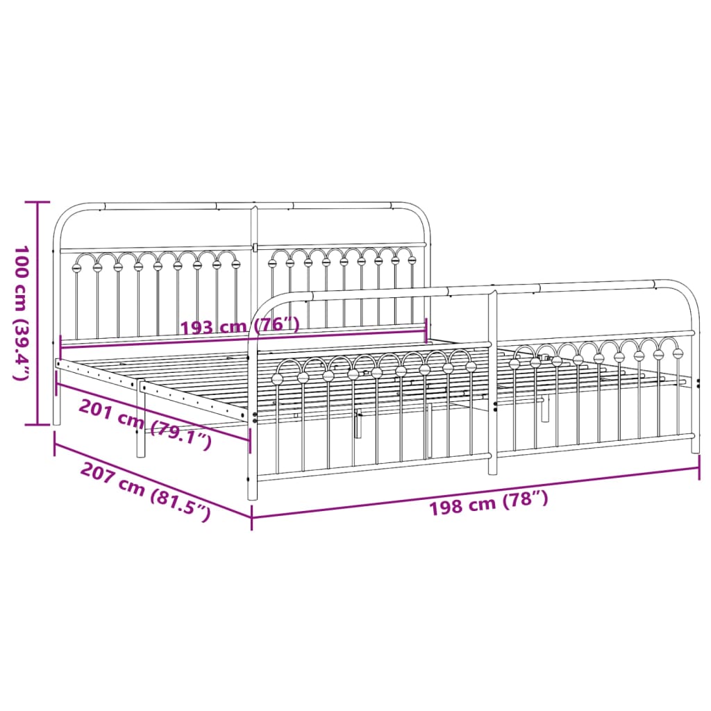 Metal Bed Frame with Headboard and Footboard White 193x203 cm