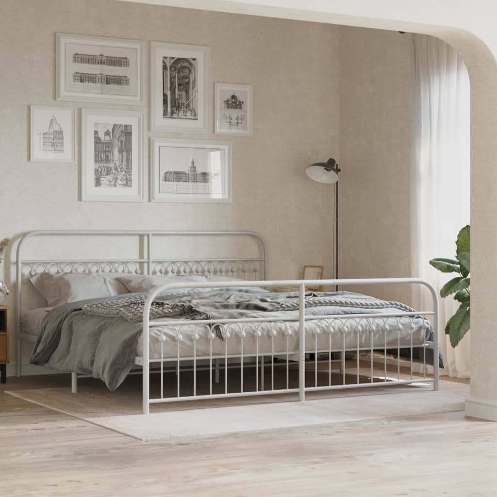 Metal Bed Frame with Headboard and Footboard White 200x200 cm