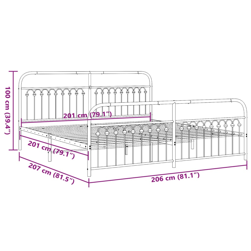 Metal Bed Frame with Headboard and Footboard White 200x200 cm