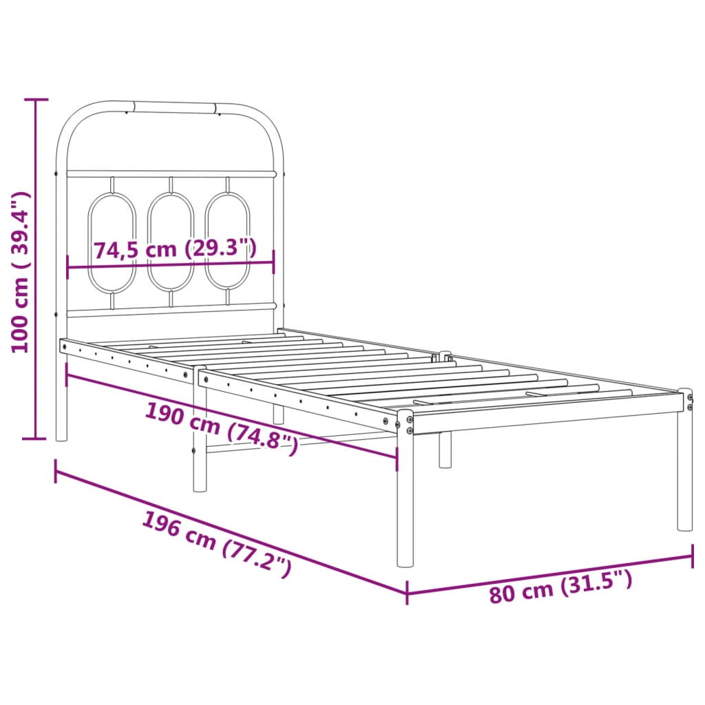 Metal Bed Frame with Headboard Black 75x190 cm Small Single