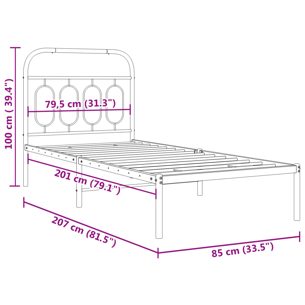 Metal Bed Frame with Headboard Black 80x200 cm