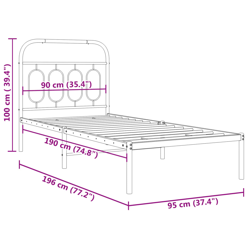 Metal Bed Frame with Headboard Black 90x190 cm Single