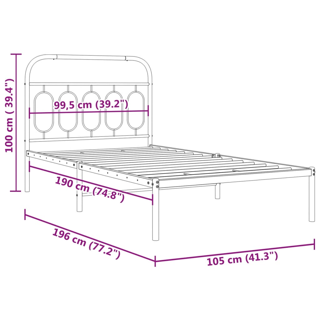 Metal Bed Frame with Headboard Black 100x190 cm