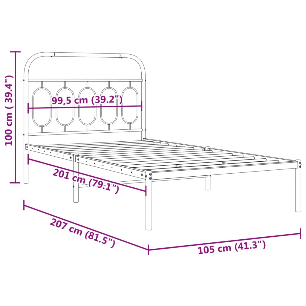 Metal Bed Frame with Headboard Black 100x200 cm