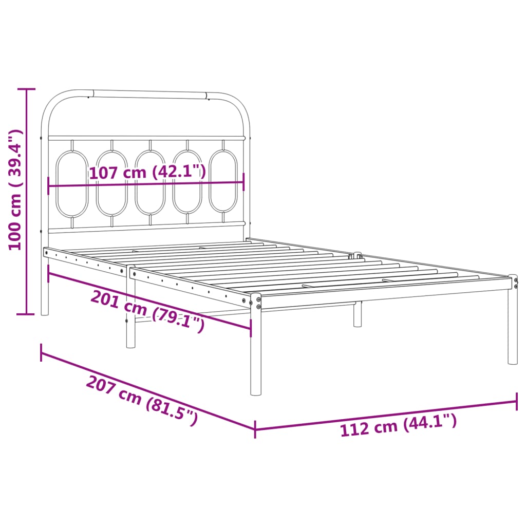 Metal Bed Frame with Headboard Black 107x203 cm