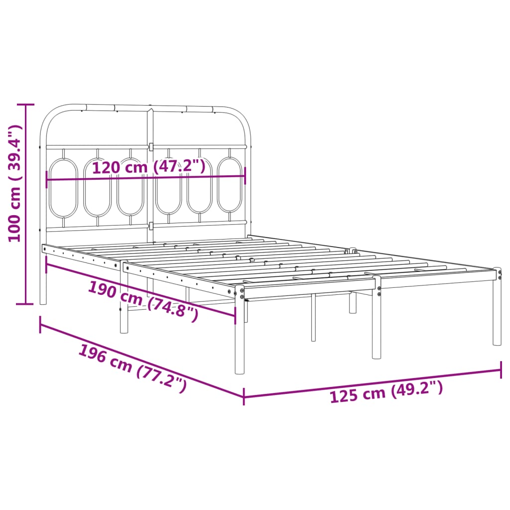 Metal Bed Frame with Headboard Black 120x190 cm Small Double