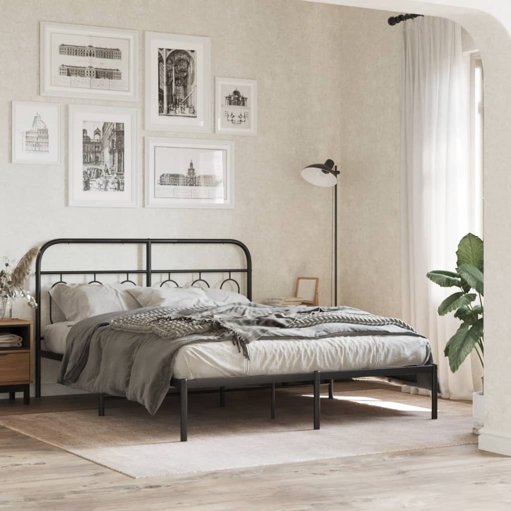 Metal Bed Frame with Headboard Black 140x190 cm