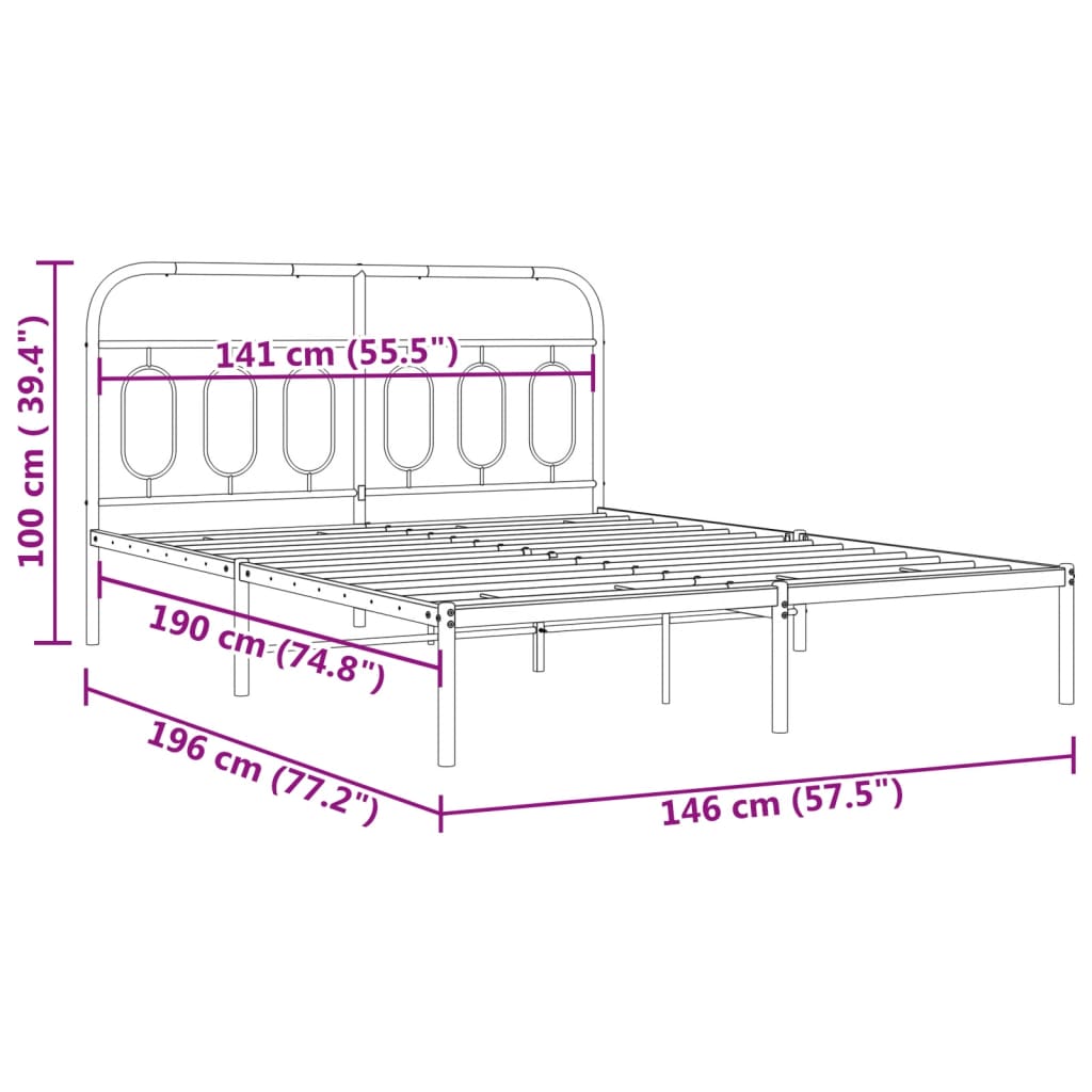 Metal Bed Frame with Headboard Black 140x190 cm