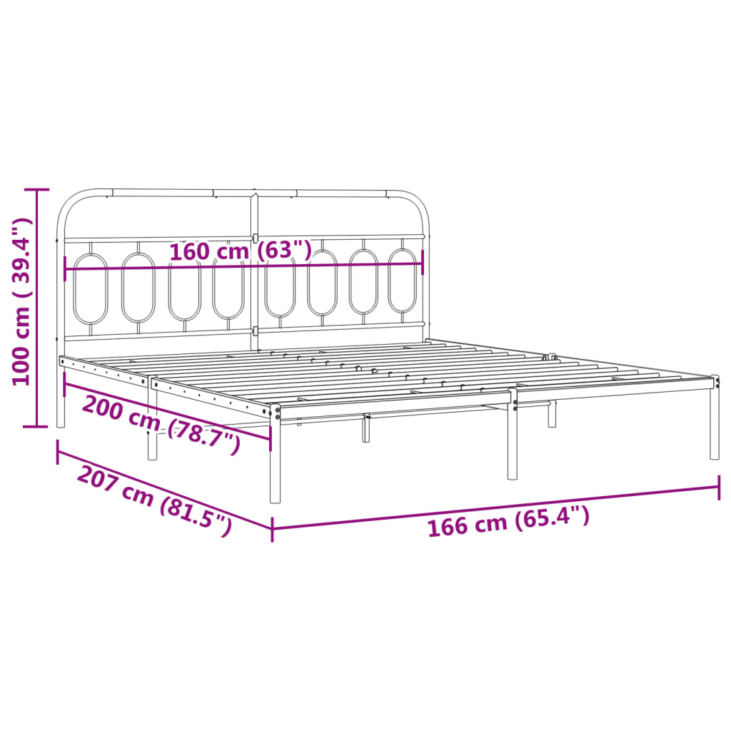 Metal Bed Frame without Mattress with Headboard Black 160x200 cm