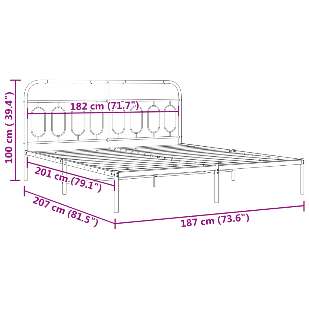 Metal Bed Frame with Headboard Black 180x200 cm Super King