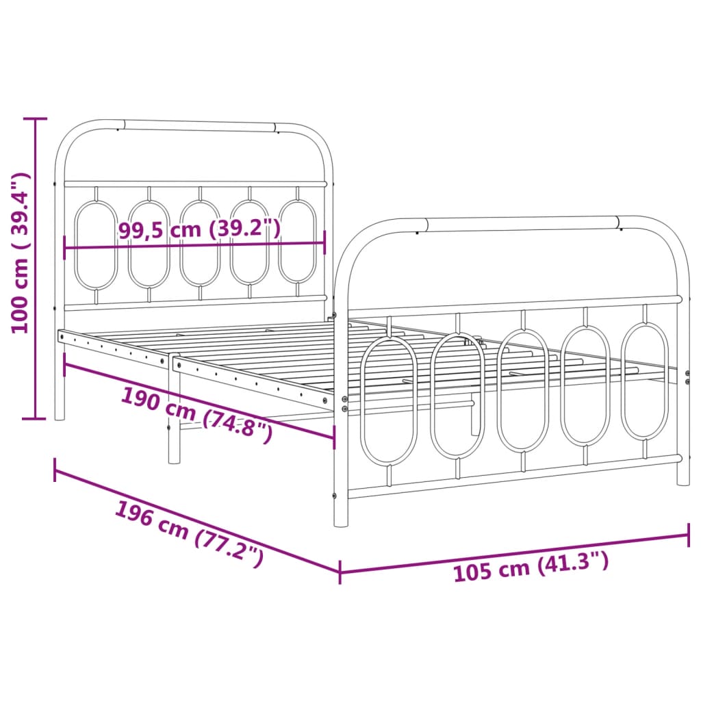 Metal Bed Frame with Headboard and Footboard Black 100x190 cm