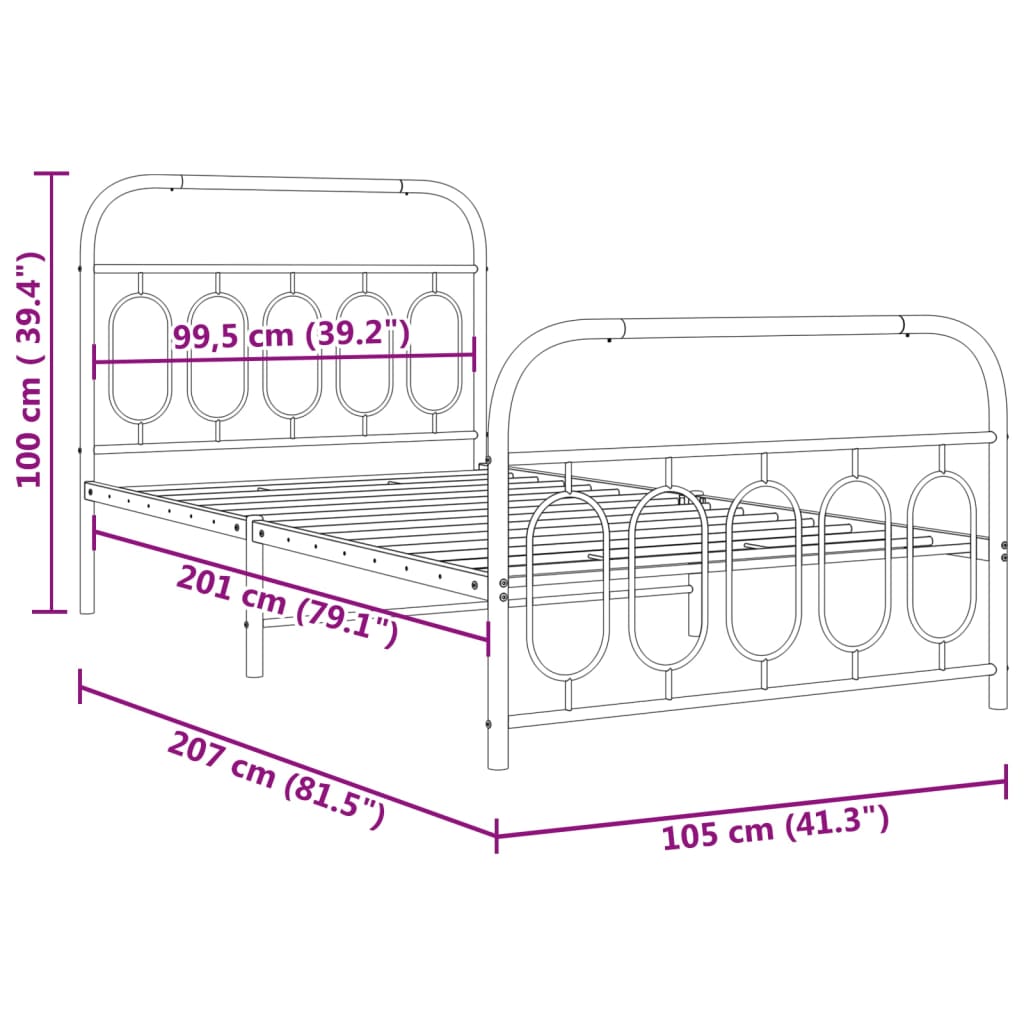 Metal Bed Frame with Headboard and Footboard Black 100x200 cm