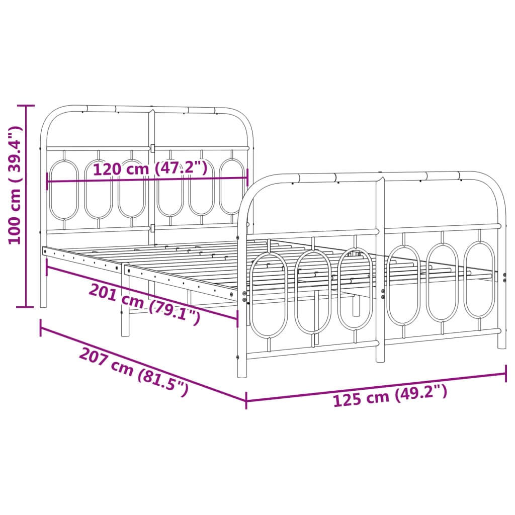 Metal Bed Frame with Headboard and Footboard Black 120x200 cm