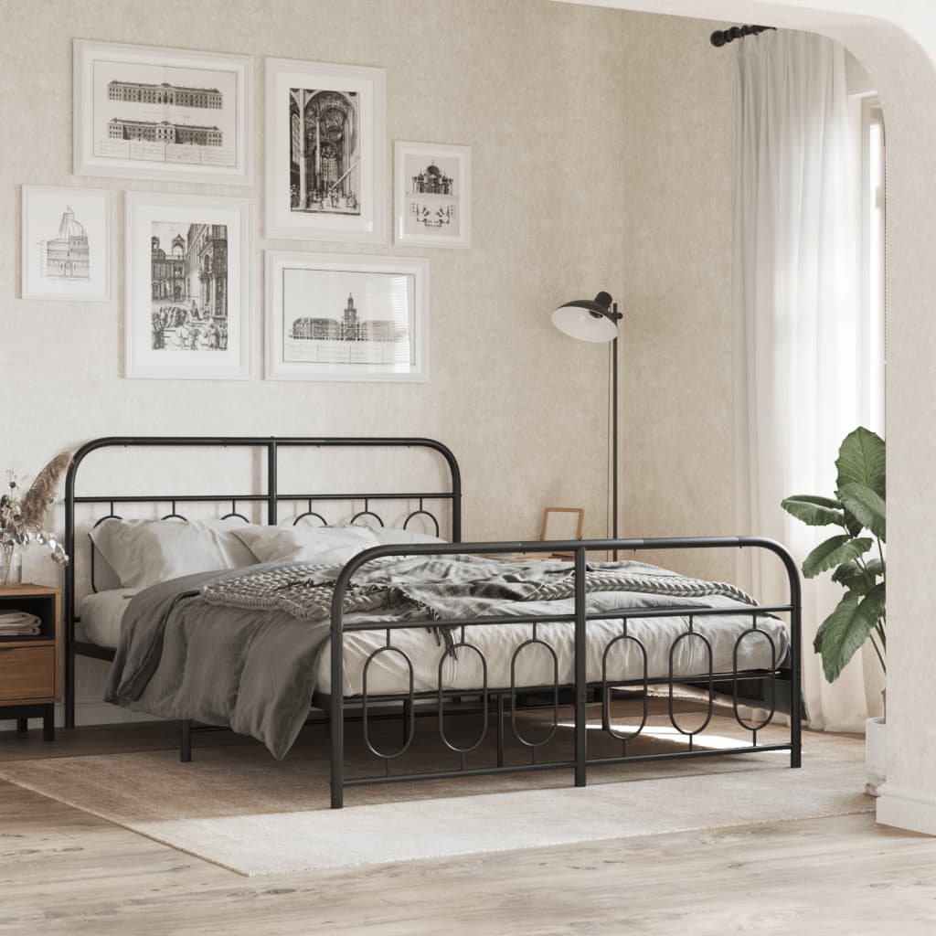 Metal Bed Frame with Headboard and Footboard Black 135x190 cm Double