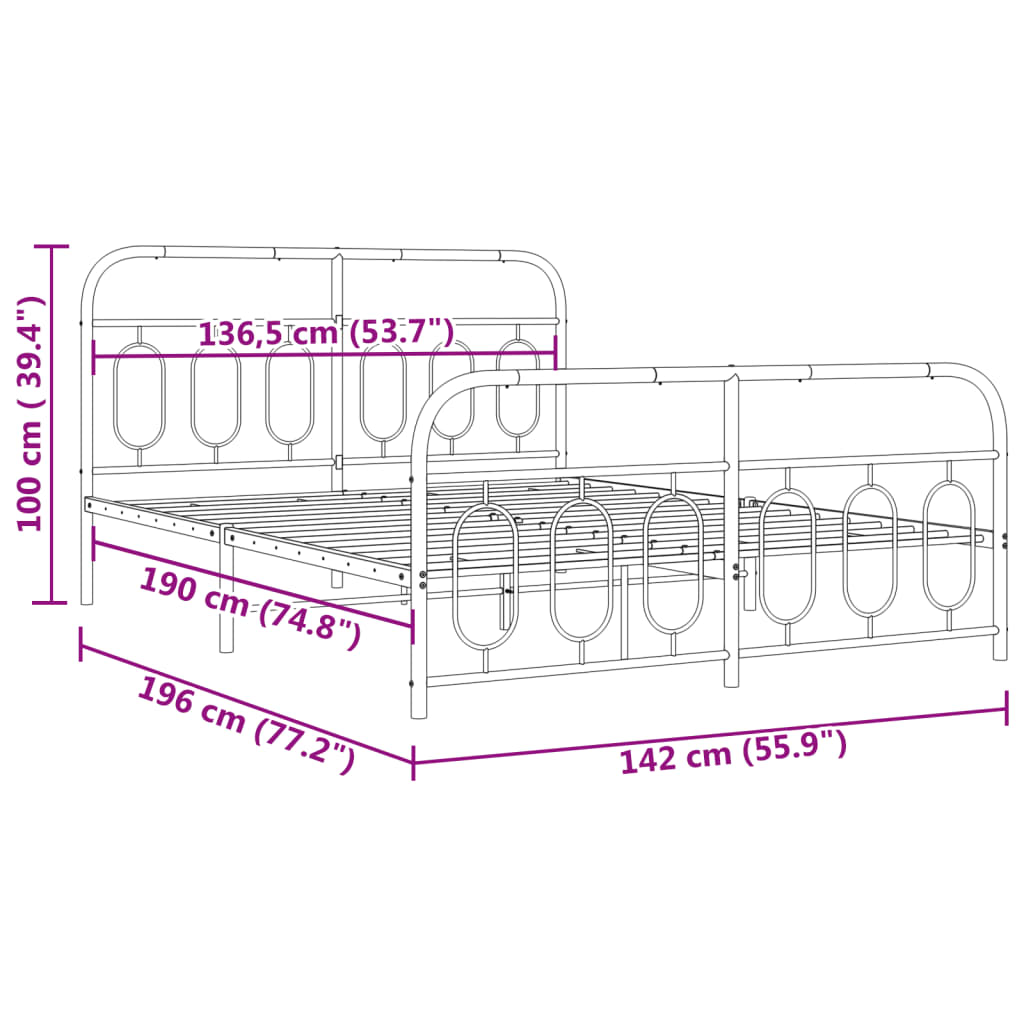 Metal Bed Frame with Headboard and Footboard Black 135x190 cm Double