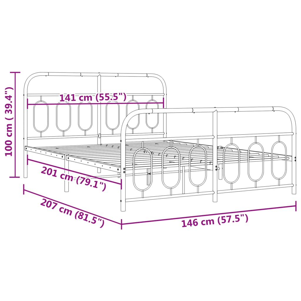 Metal Bed Frame with Headboard and Footboard Black 140x200 cm