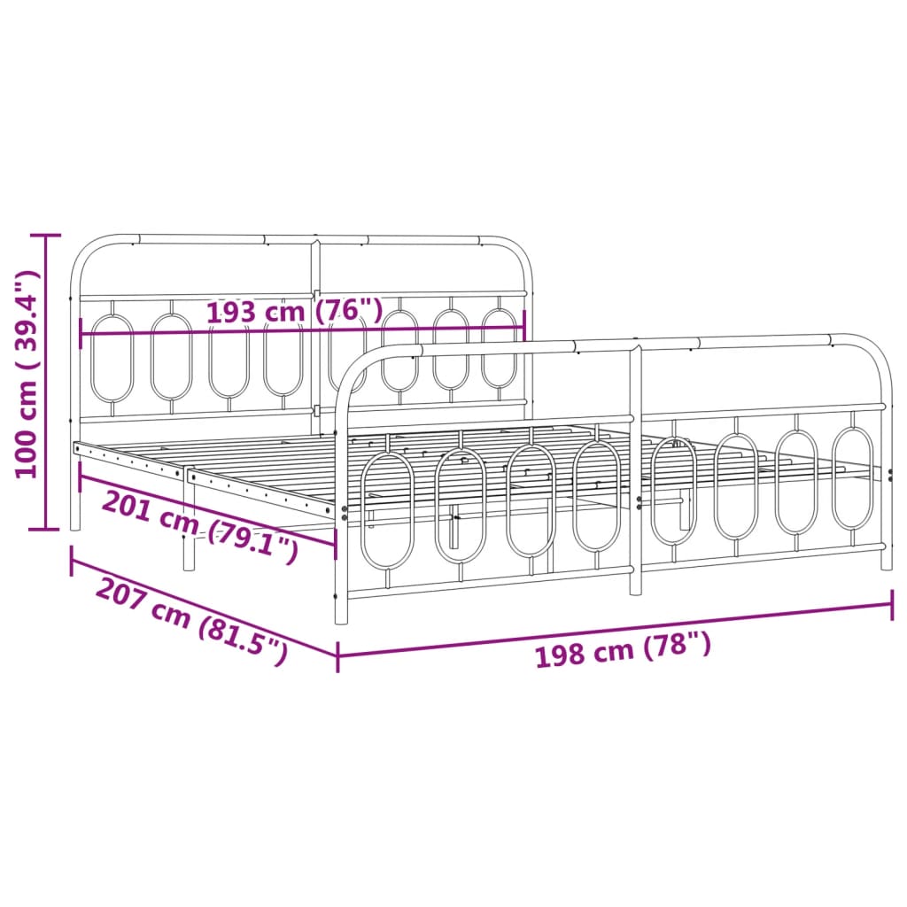 Metal Bed Frame with Headboard and Footboard Black 193x203 cm