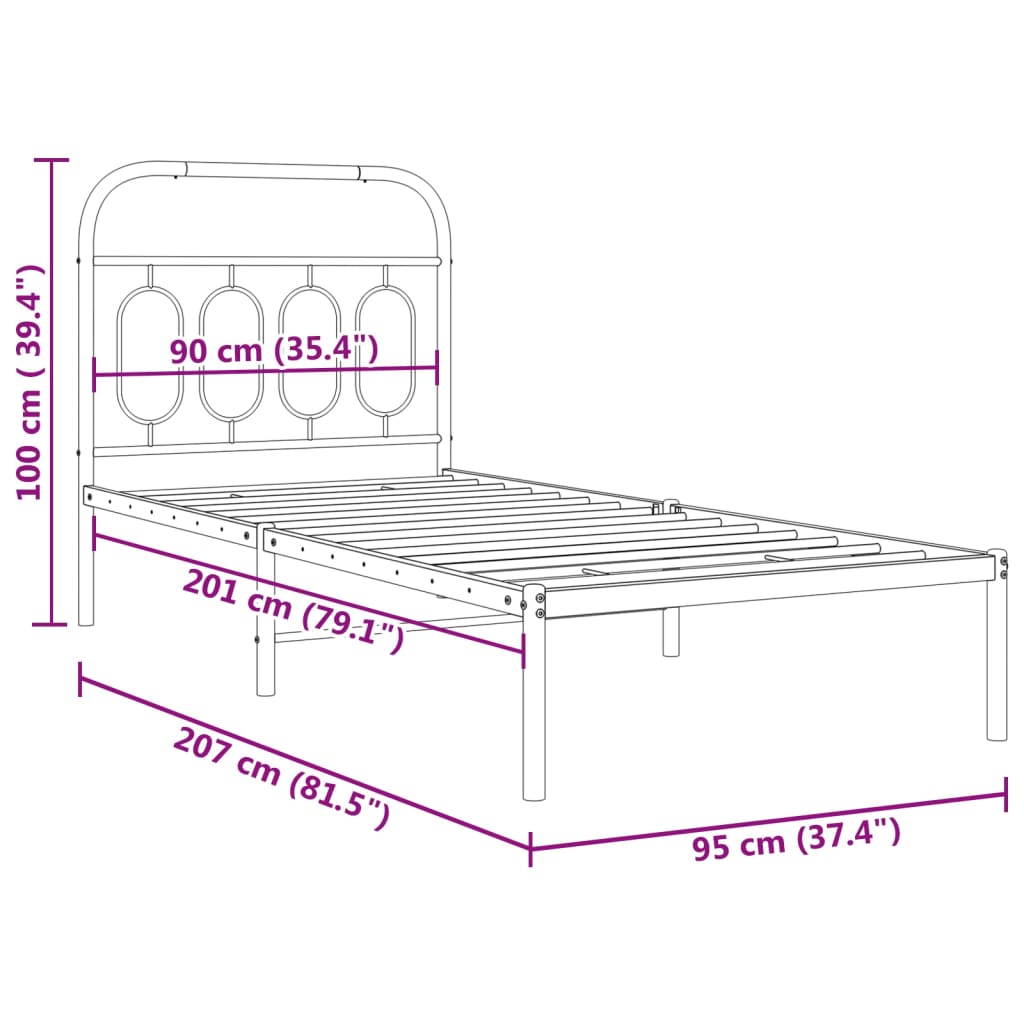 Metal Bed Frame with Headboard White 90x200 cm