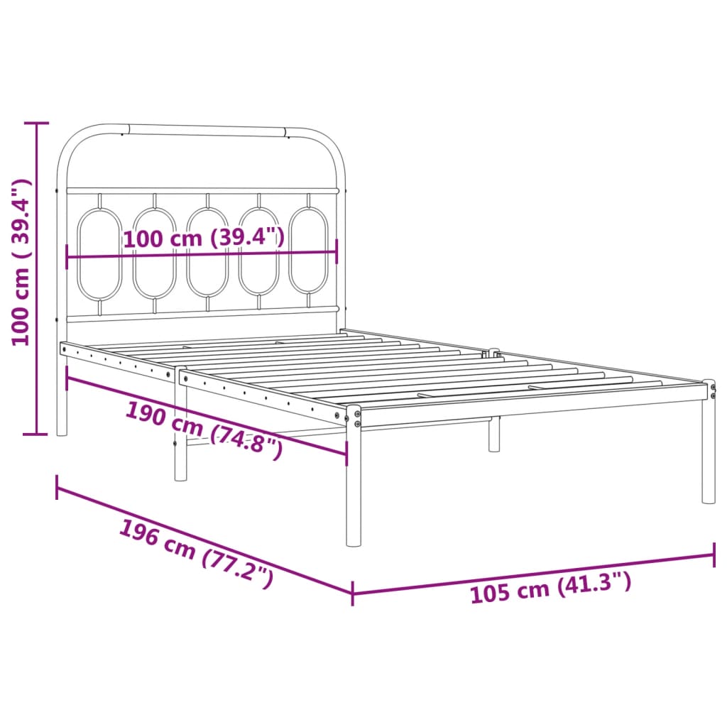 Metal Bed Frame without Mattress with Headboard White 100x190 cm