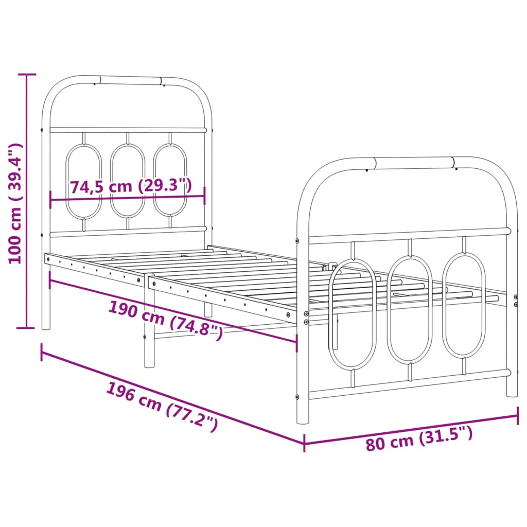 Metal Bed Frame with Headboard and Footboard White 75x190 cm Small Single