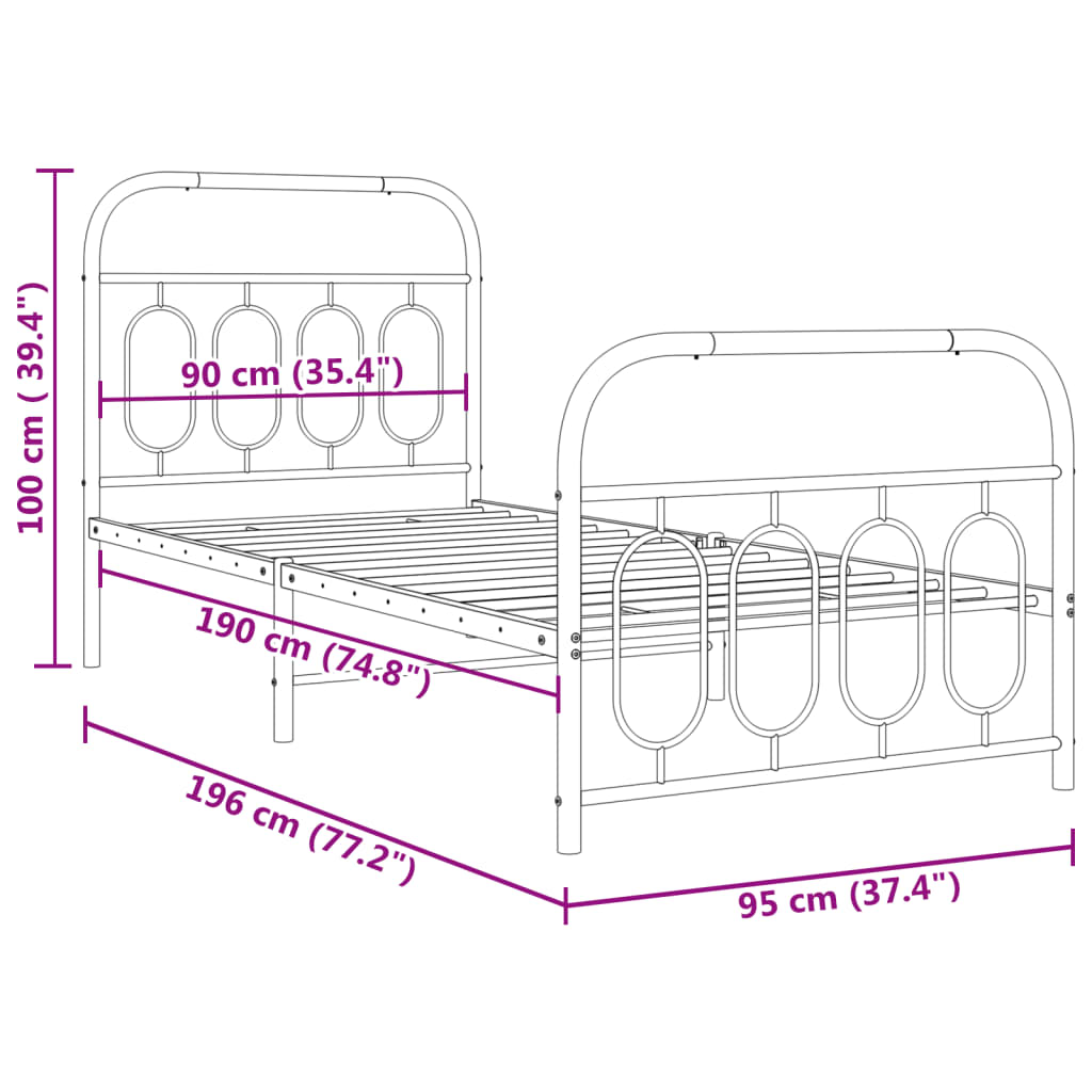 Metal Bed Frame with Headboard and Footboard White 90x190 cm Single