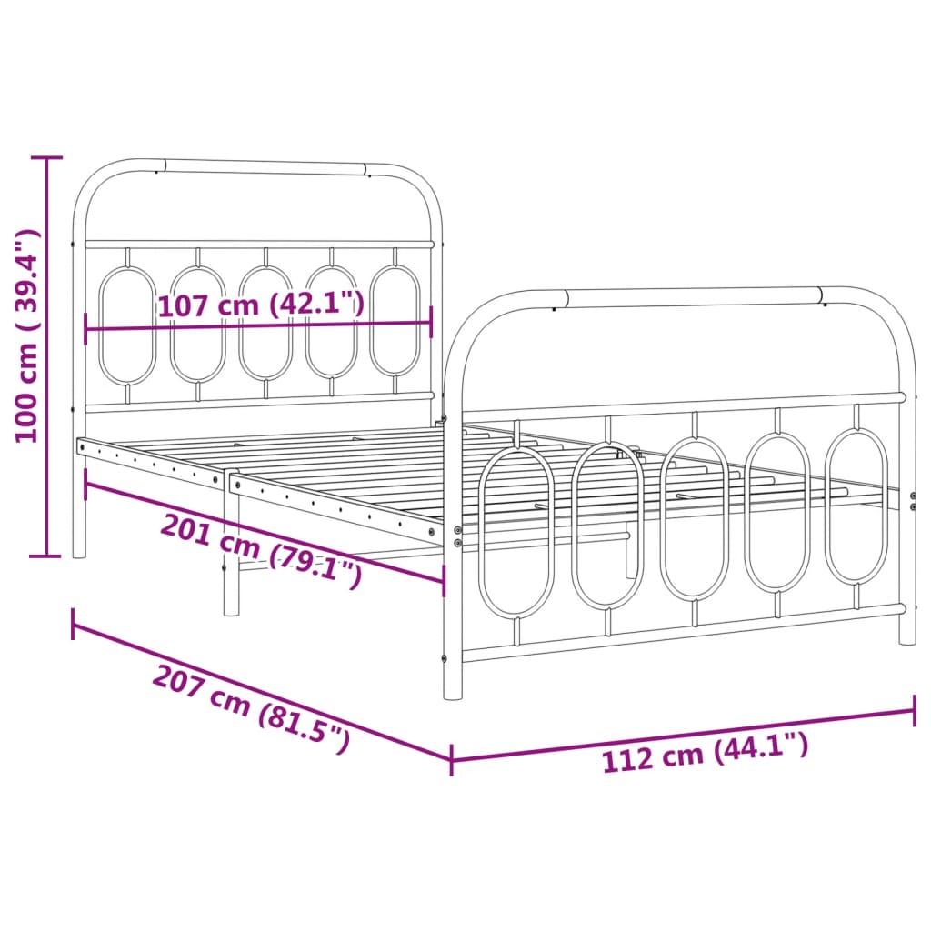 Metal Bed Frame with Headboard and Footboard White 107x203 cm