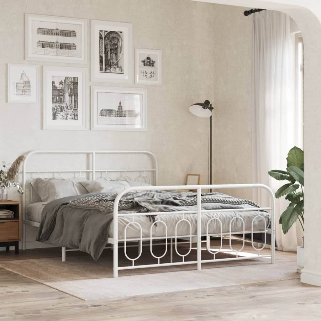 Metal Bed Frame with Headboard and Footboard White 135x190 cm Double