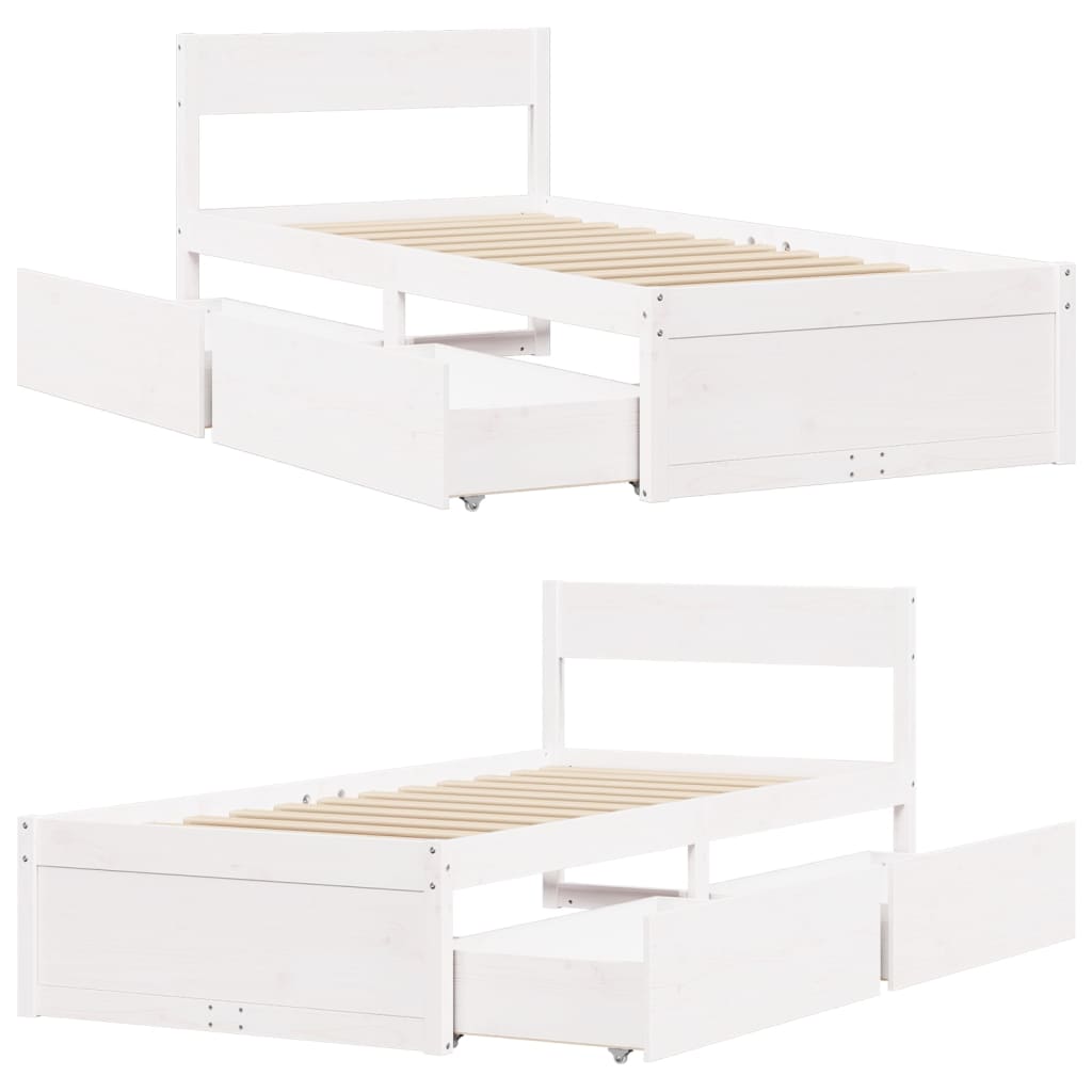 Bed Frame with Drawers White 90x200 cm Solid Wood Pine