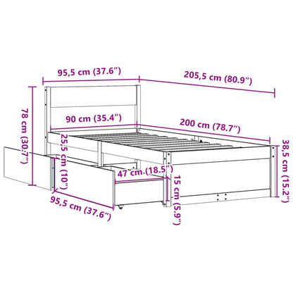 Bed Frame with Drawers White 90x200 cm Solid Wood Pine