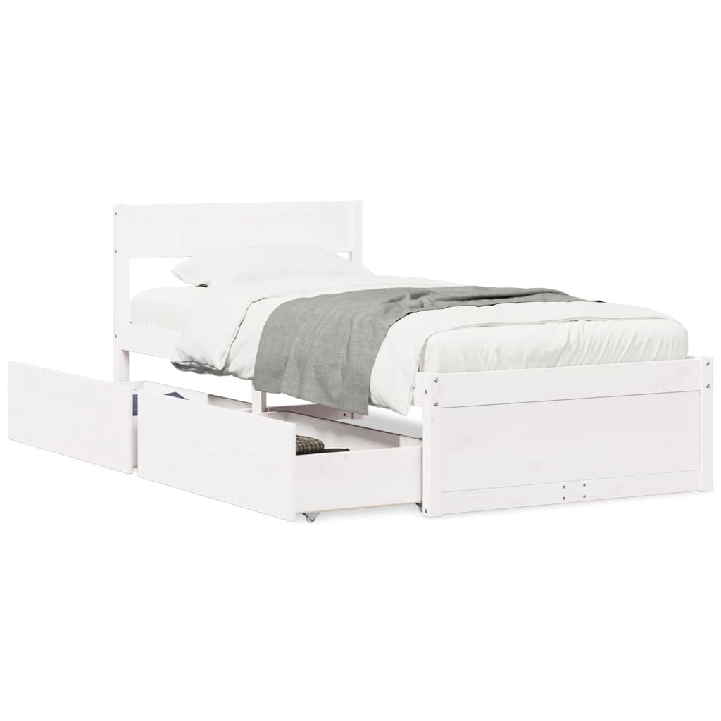 Bed Frame with Drawers White 90x200 cm Solid Wood Pine