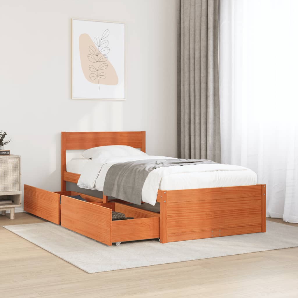 Bed Frame with Drawers Wax Brown 90x200 cm Solid Wood Pine