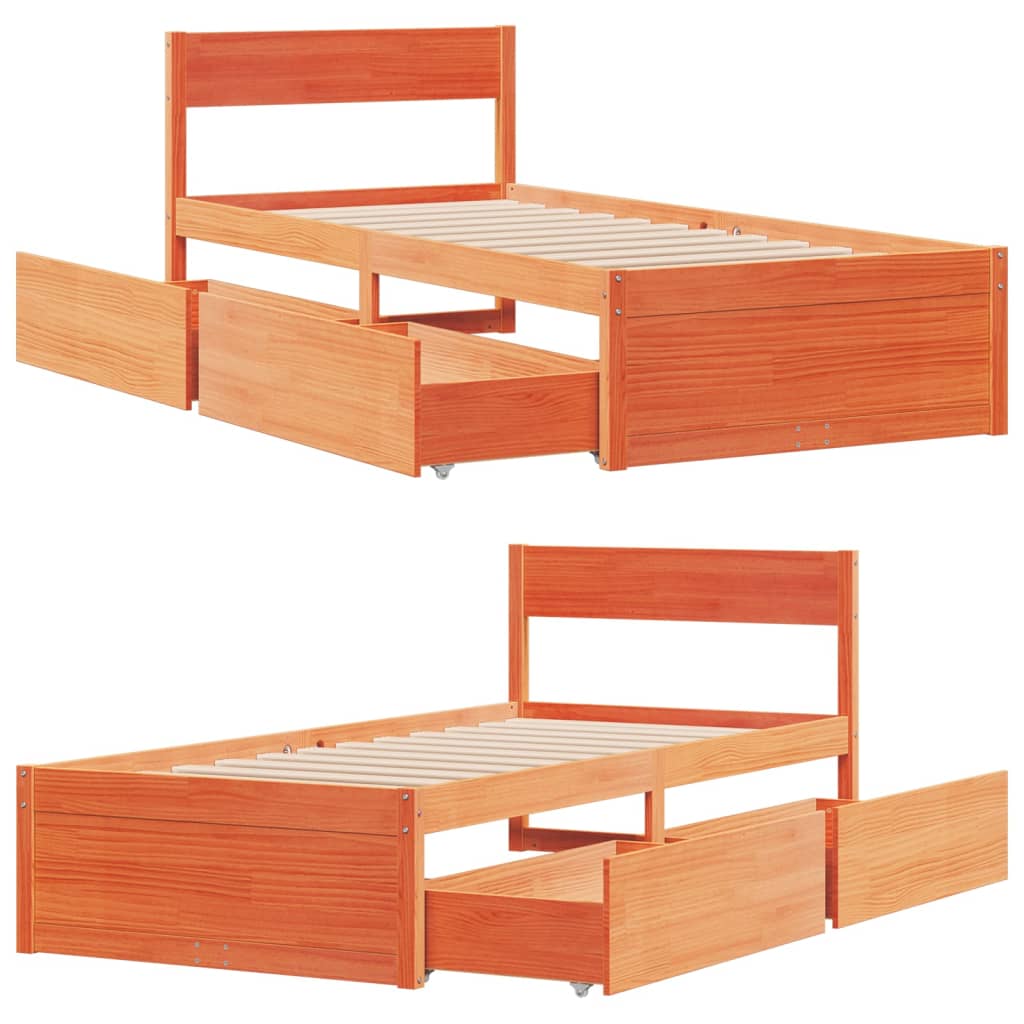 Bed Frame with Drawers Wax Brown 90x200 cm Solid Wood Pine