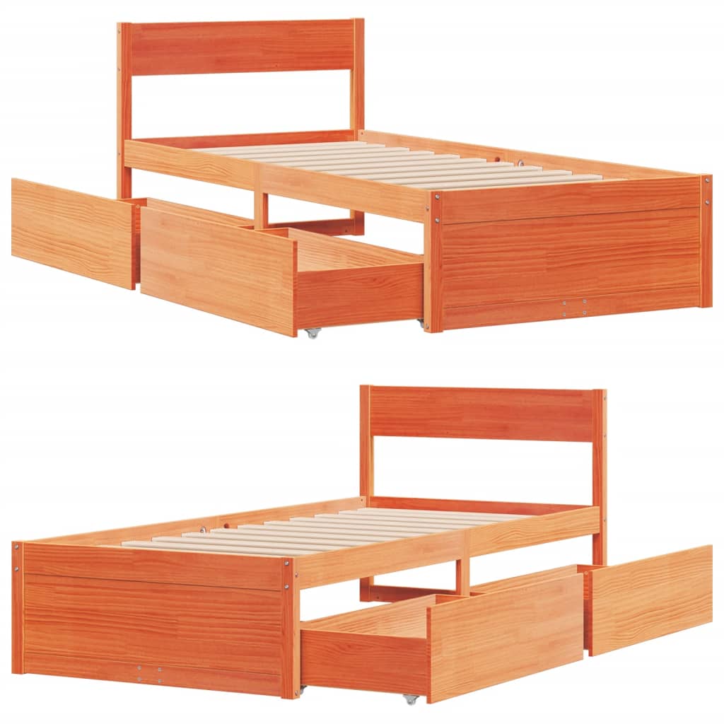 Bed Frame with Drawers Wax Brown 90x190 cm Single Solid Wood Pine