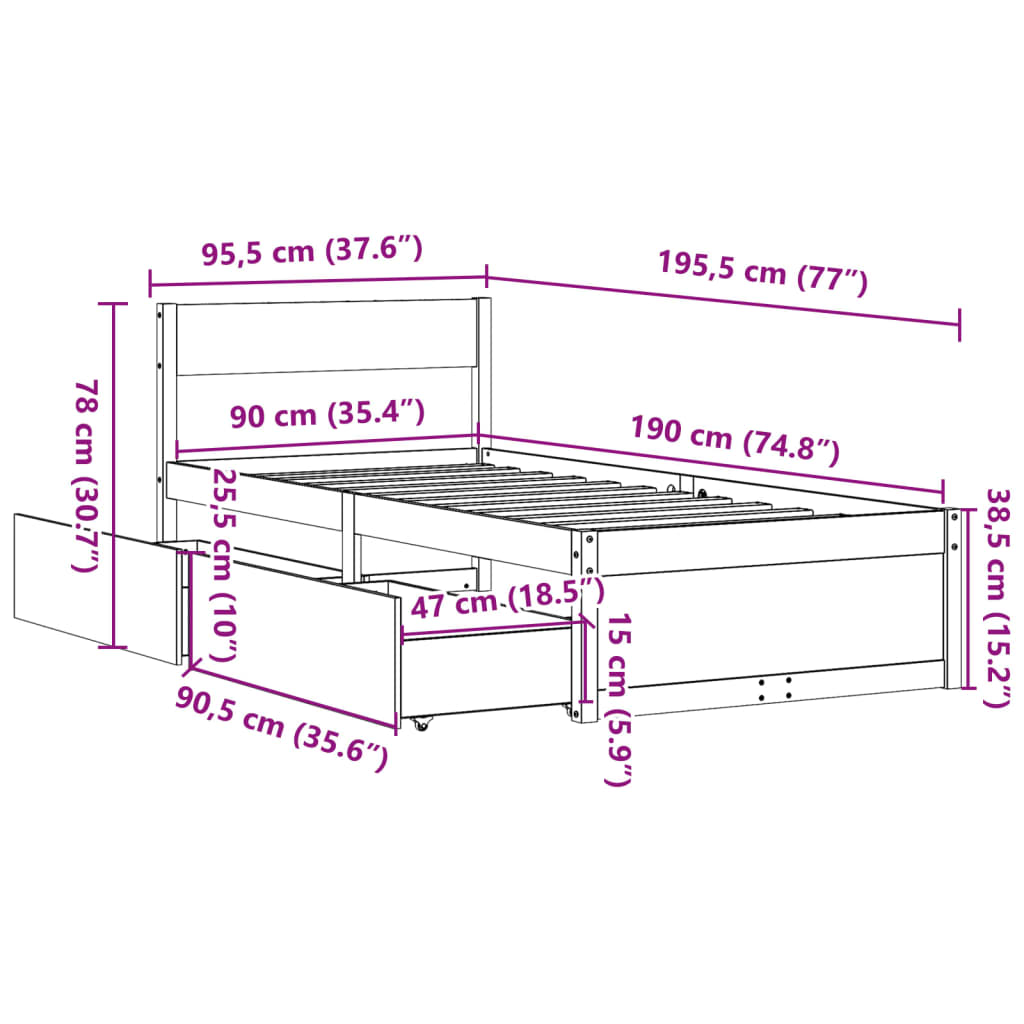 Bed Frame with Drawers Wax Brown 90x190 cm Single Solid Wood Pine