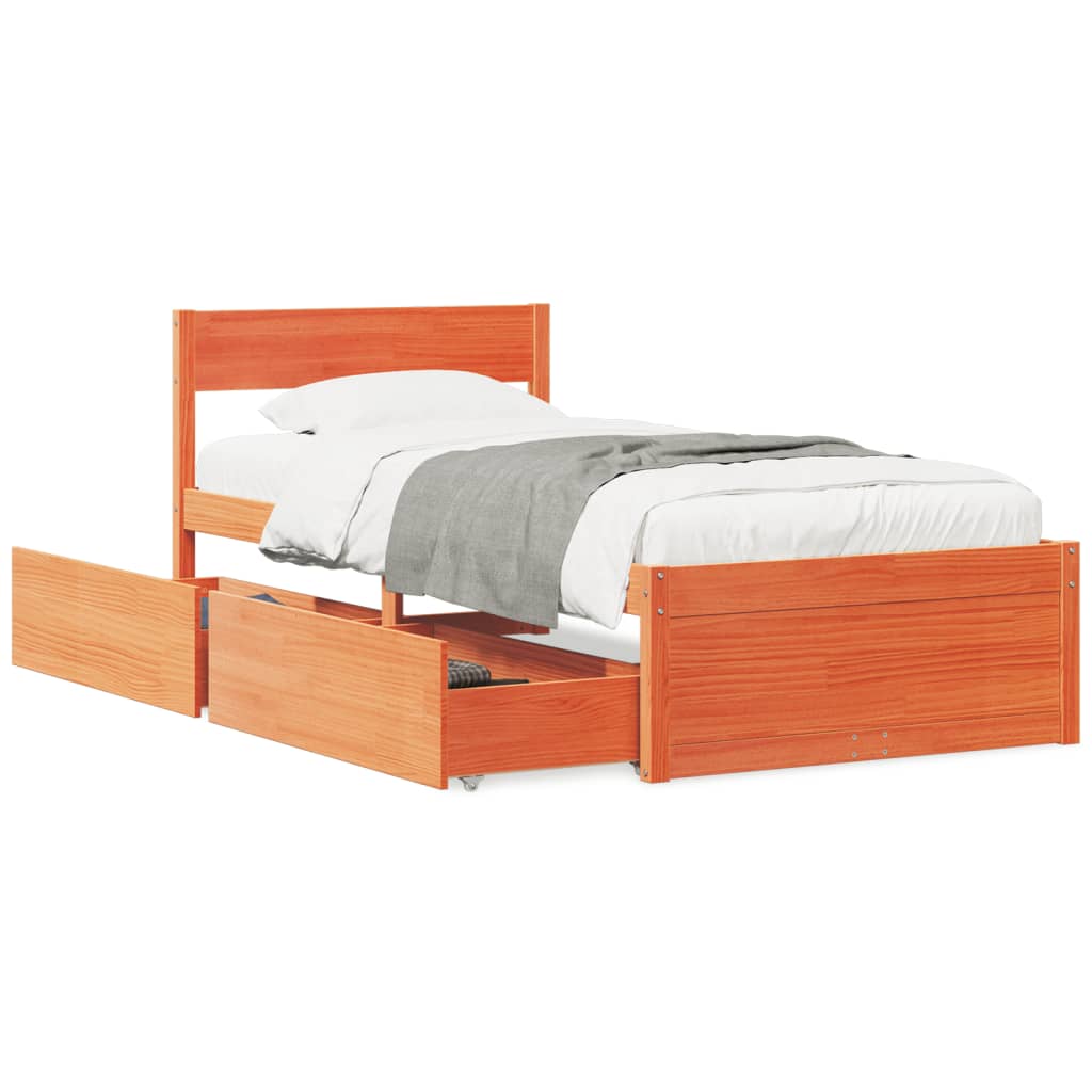 Bed Frame with Drawers Wax Brown 90x190 cm Single Solid Wood Pine