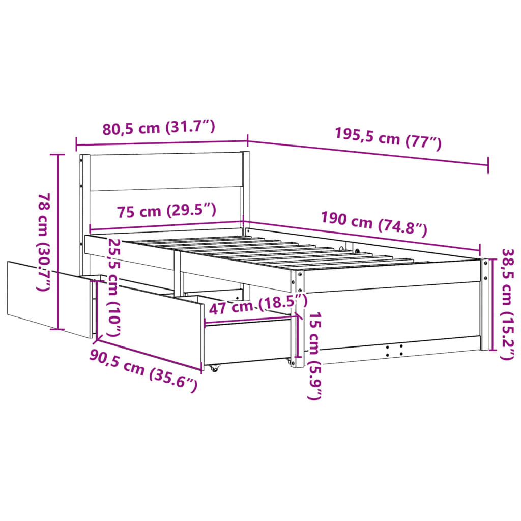 Bed Frame with Drawers 75x190 cm Small Single Solid Wood Pine