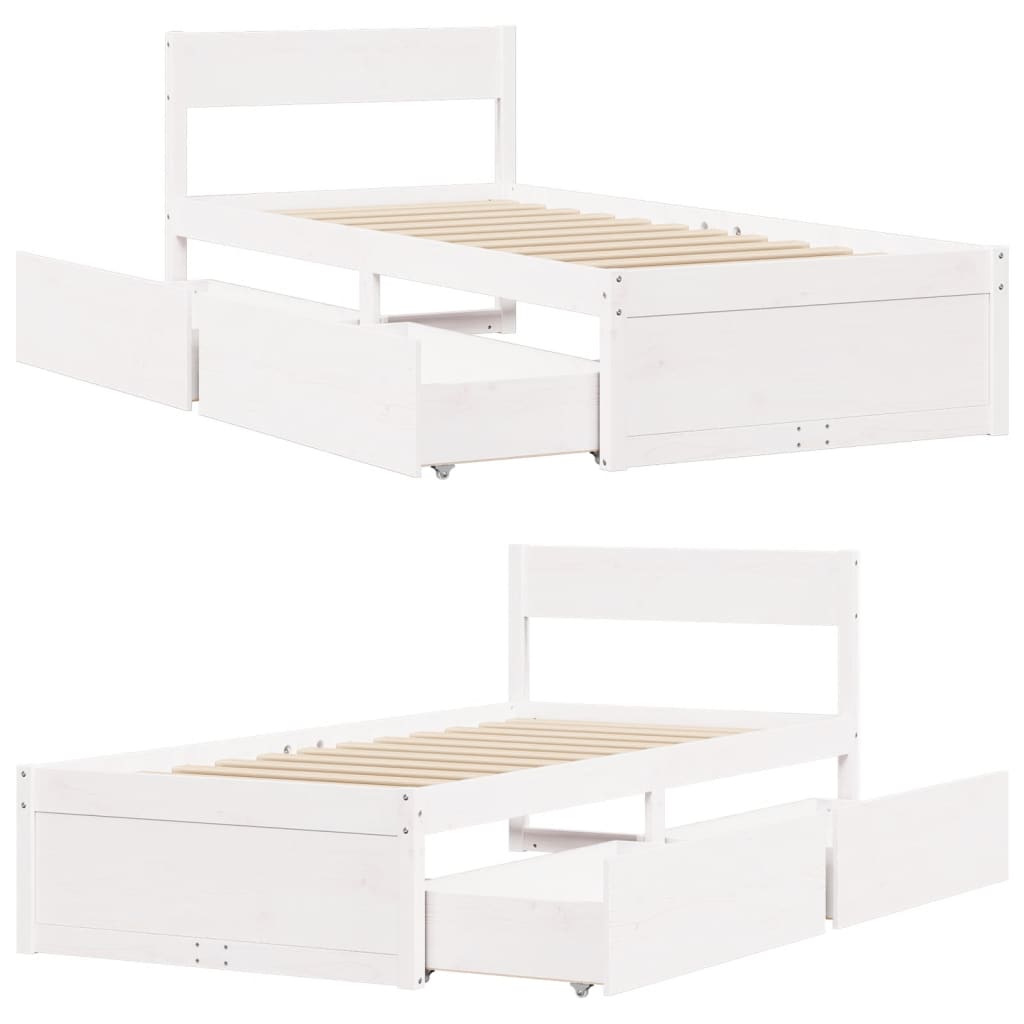 Bed Frame with Drawers White 75x190 cm Small Single Solid Wood Pine