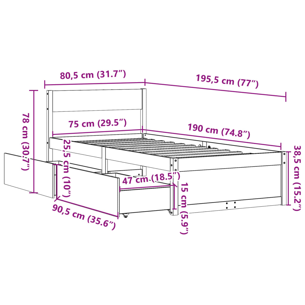 Bed Frame with Drawers White 75x190 cm Small Single Solid Wood Pine