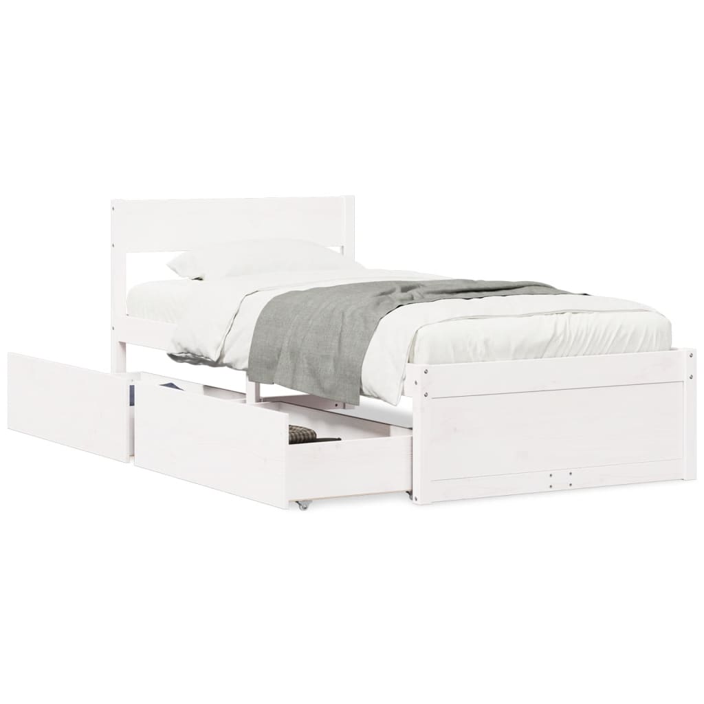 Bed Frame with Drawers White 75x190 cm Small Single Solid Wood Pine